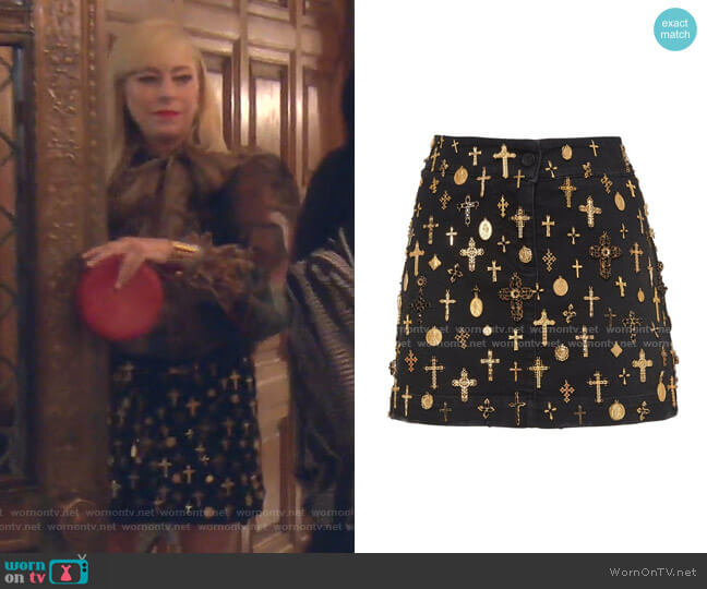 Dolce & Gabbana Cross-Embellished Denim Mini Skirt worn by Sutton Stracke on The Real Housewives of Beverly Hills