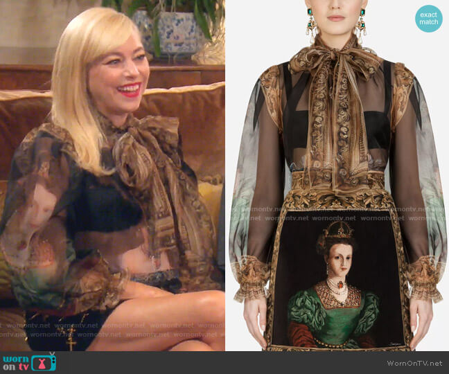 Dolce & Gabbana Pussy-Bow Organza Shirt With Queen Print worn by Sutton Stracke on The Real Housewives of Beverly Hills
