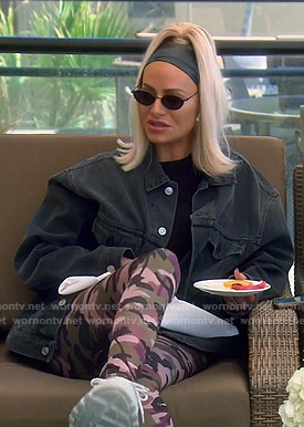 Dorit’s black oversized denim jacket and camo leggings on The Real Housewives of Beverly Hills