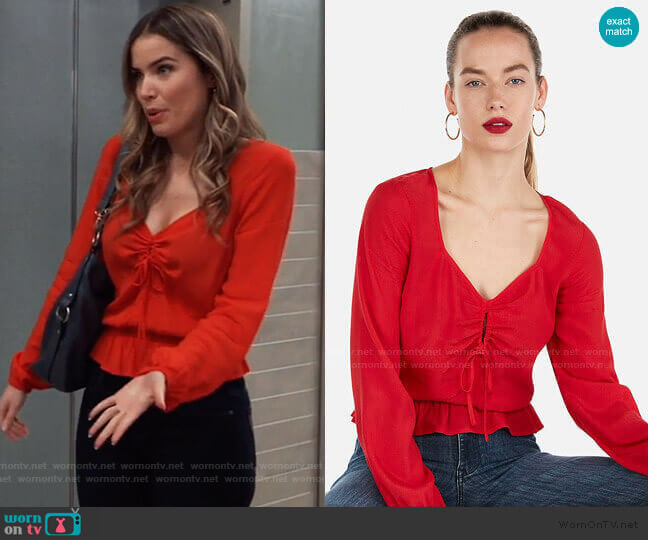 Express Sweetheart Shirred Keyhole Peplum Top worn by Sasha Gilmore (Sofia Mattsson) on General Hospital