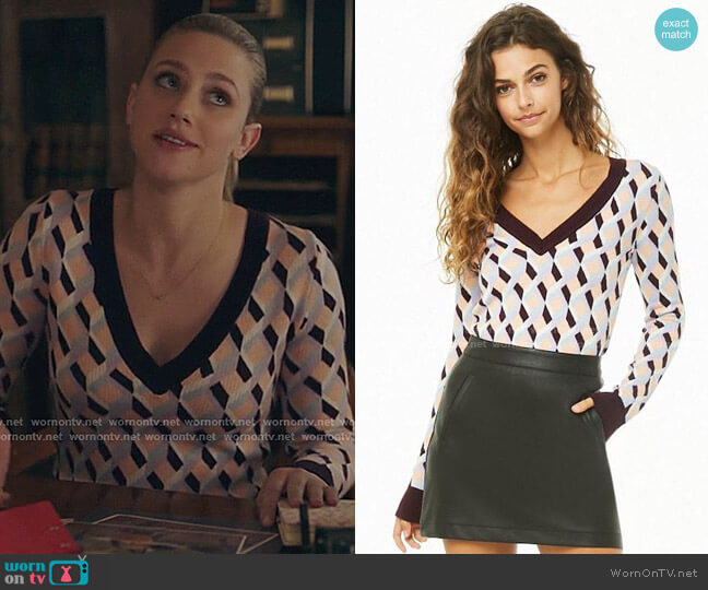 Forever 21 Geo Patterned V Neck Sweater worn by Betty Cooper (Lili Reinhart) on Riverdale