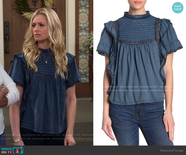 Free People Le Femme Ruffled Babydoll Top worn by Gemma (Beth Behrs) on The Neighborhood