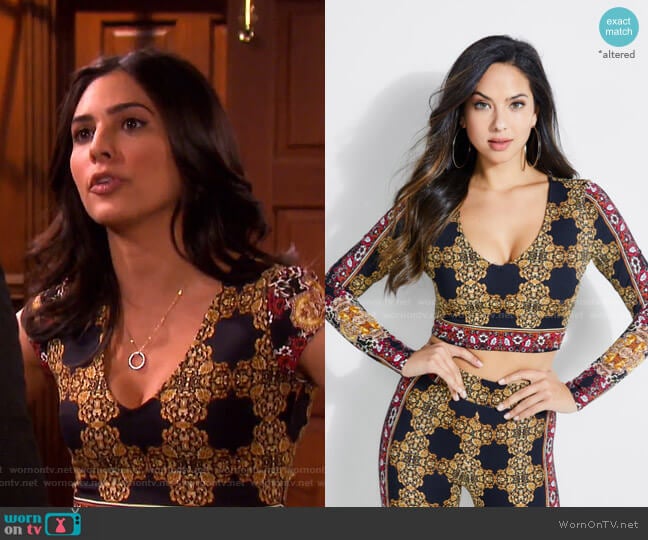 Guess Clovia Baroque V-Neck Crop Top worn by Gabi Hernandez (Camila Banus) on Days of our Lives