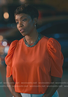 Helen’s orange puff sleeve top on Sweet Magnolias