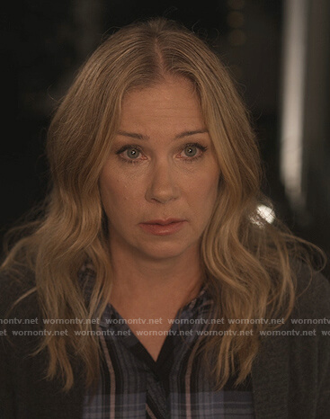 Jen’s blue plaid shirt on Dead to Me
