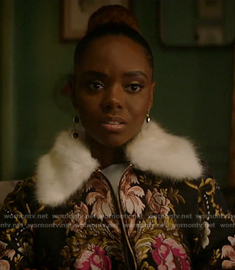 Josie’s floral embroidered fur collar jacket on Katy Keene