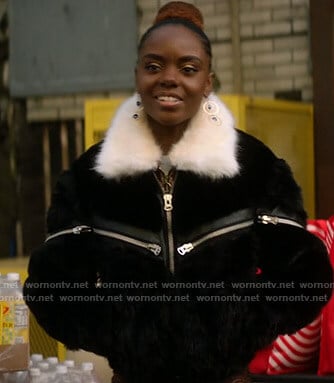 Josie’s black zip front fur jacket on Katy Keene