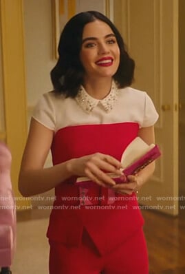 Katy’s white embellished collar top and red strapless jumpsuit on Katy Keene