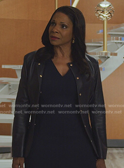 Liz’s blue leather jacket with lace-up sides on The Good Fight