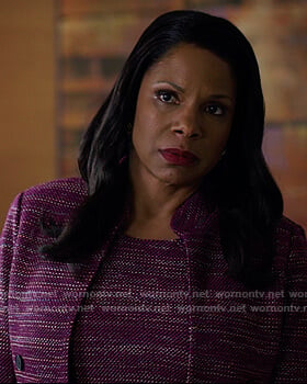 Liz’s purple tweed dress and jacket on The Good Fight