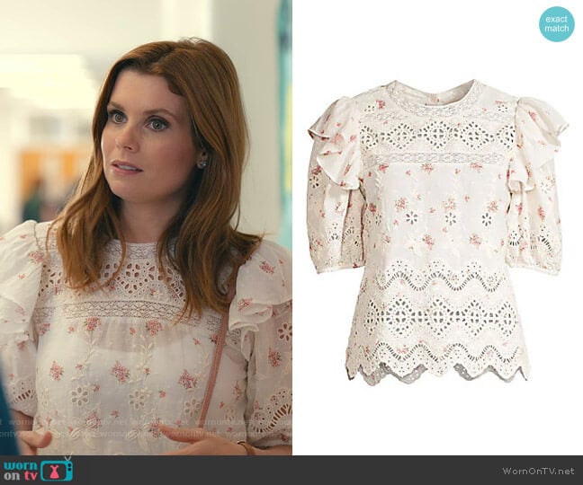 LoveShackFancy Tilda Floral Print Cotton Eyelet Top worn by Maddie Townsend (JoAnna Garcia Swisher) on Sweet Magnolias
