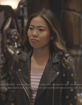 Mary’s black star embroidered moto jacket on Batwoman