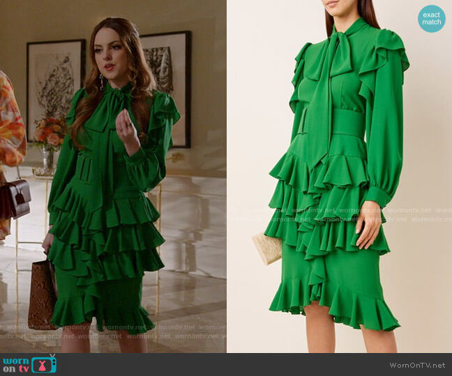 Michael Kors Collection Ruffled Silk-Georgette Tie-Neck Midi Dress worn by Fallon Carrington (Elizabeth Gillies) on Dynasty