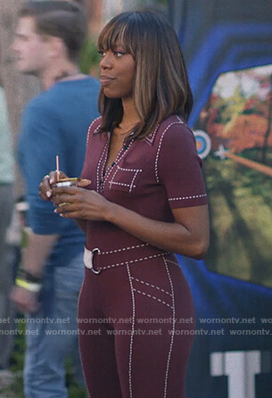 Molly’s burgundy contrast stitch jumpsuit on Insecure