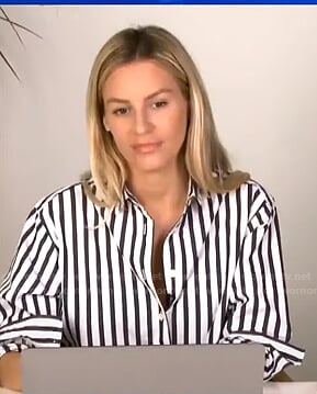 Morgan’s white and blue striped shirt on E! News Daily Pop