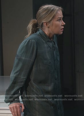 Jen’s green plaid blouse on Dead to Me