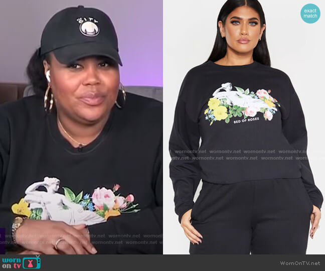 Pretty Little Thing Plus Bed of Roses Slogan Sweater worn by Nina Parker on E! News
