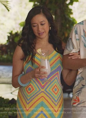 Lydia’s rainbow crochet maxi dress on Insecure