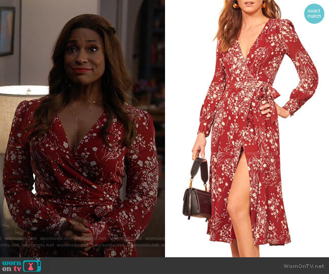Reformation Susanna Wrap Midi Dress worn by Poppy (Kimrie Lewis) on Single Parents