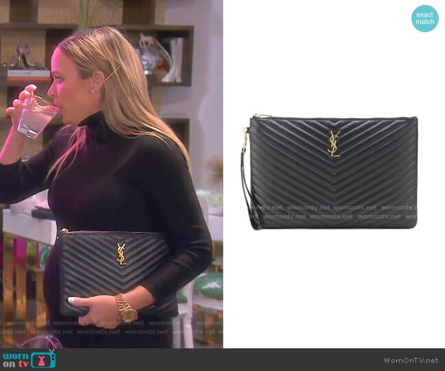Saint Laurent Monogram Leather Pouch worn by Teddi Mellencamp Arroyave on The Real Housewives of Beverly Hills