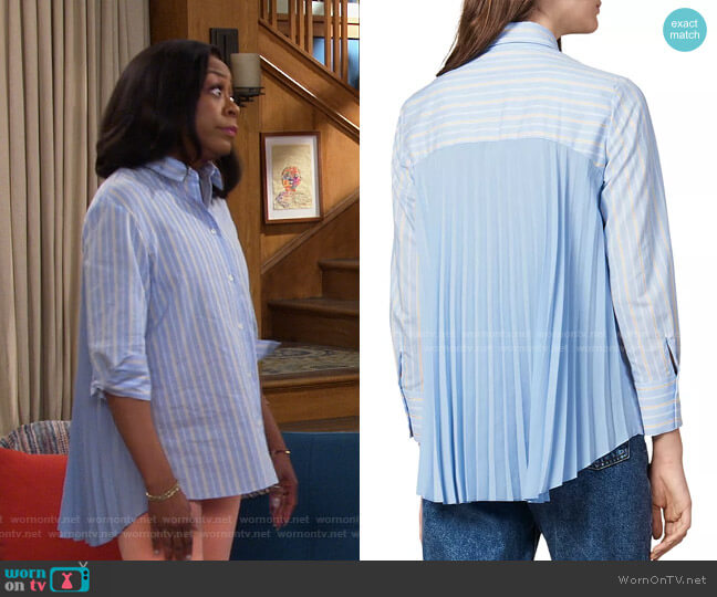 Sandro Sielle Pleated-Back Striped Shirt worn by Tina Butler (Tichina Arnold) on The Neighborhood
