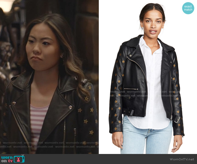 Scotch & Soda/Maison Scotch Leather Embroidered Star Sleeve Biker Jacket worn by Mary Hamilton (Nicole Kang) on Batwoman