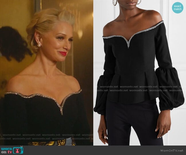 Self Portrait Off-the-shoulder Embellished Crepe Peplum Top worn by  Gloria Grandbilt (Katherine LaNasa) on Katy Keene