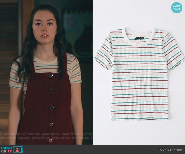 Abercrombie & Fitch Slim Ribbed Tee in White Stripe worn by Annie Sullivan (Anneliese Judge) on Sweet Magnolias