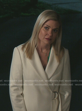 Stephanie’s white d-ring wrap coat on Good Witch