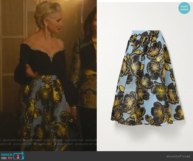 Stine Goya Laila Metallic Floral-Jacquard Midi Skirt worn by  Gloria Grandbilt (Katherine LaNasa) on Katy Keene