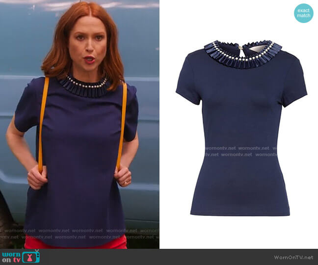 Ted Baker Nikita Embellished Neck Top worn by Kimmy Schmidt (Ellie Kemper) on Unbreakable Kimmy Schmidt