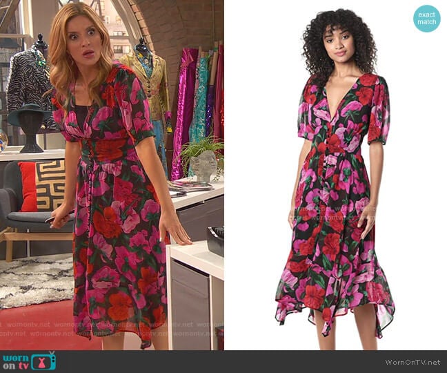 The Kooples Floral Summer Silk Midi Dress worn by Chelsea Grayson (Anneliese van der Pol) on Ravens Home
