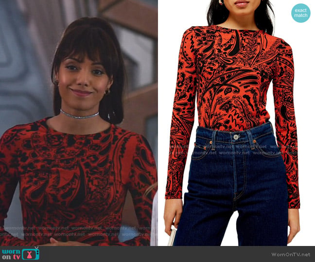 Topshop Paisley Stretch Shirt worn by Charlie (Maisie Richardson-Sellers) on Legends of Tomorrow