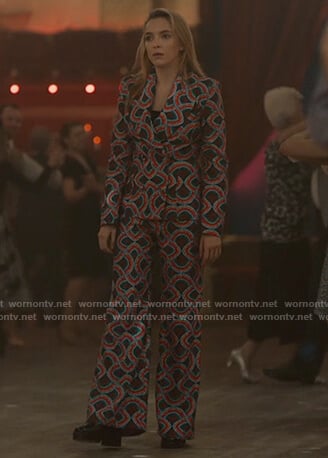 Villanelle’s abstract print blazer and pants on Killing Eve