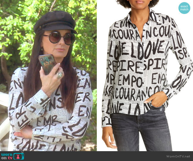 Alice + Olivia Willa Silk Top worn by Kyle Richards on The Real Housewives of Beverly Hills