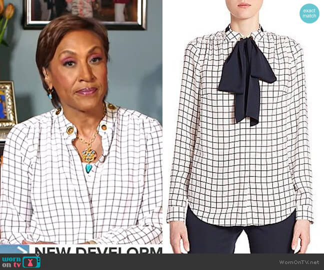 Michael Kors Windowpane Silk Tie-Neck Blouse worn by Robin Roberts on Good Morning America