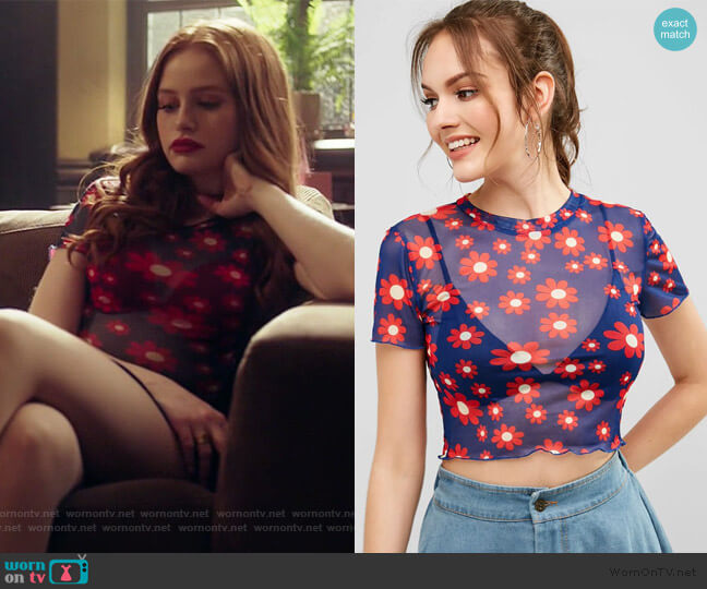 Zaful Floral Mesh Crop Tee worn by Cheryl Blossom (Madelaine Petsch) on Riverdale
