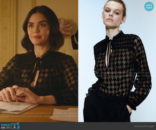 Zara Flocked Houndstooth Blouse worn by Katy Keene (Lucy Hale) on Katy Keene