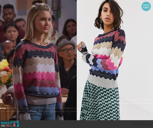 Asos Custommade Zigzag Sparkly Sweater worn by Katie Cooper (Isabel May) on Alexa & Katie