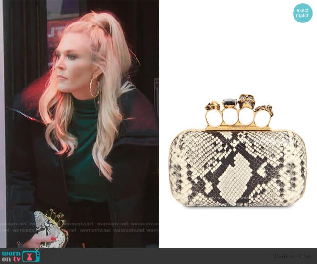 Alexander McQueen Skull Ring Python Print Leather Clutch worn by Tinsley Mortimer on The Real Housewives of New York City