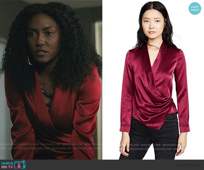 Alice + Olivia Aurora Mock Wrap Top worn by Lauren Turner (Jade Eshete) on Billions