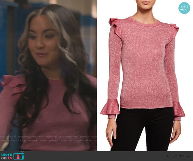 Alice + Olivia Mittie Ruffled Sweater worn by Cindy Burman (Meg DeLacy) on Stargirl