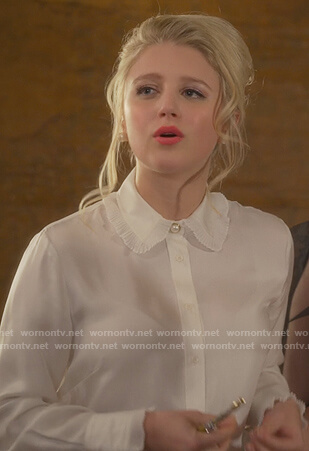 Alice’s white pearl button blouse on The Politician