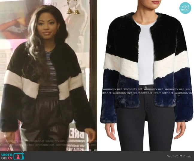 Apparis Brigitte Colorblock Faux Fur Jacket worn by Alexandra Cabot (Camille Hyde) on Katy Keene