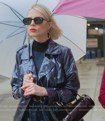 Astrid’s navy vinyl trench coat on The Politician