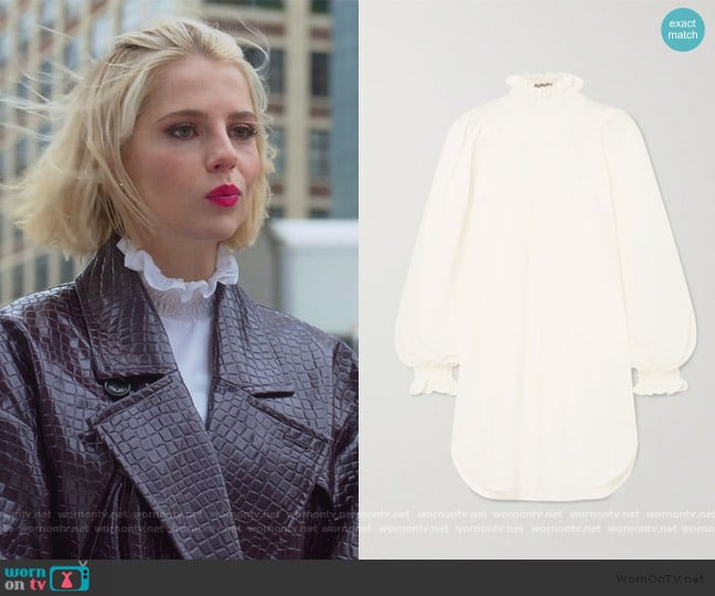 Avavav Ruffled smocked cotton and silk-blend poplin mini dress worn by Astrid (Lucy Boynton) on The Politician