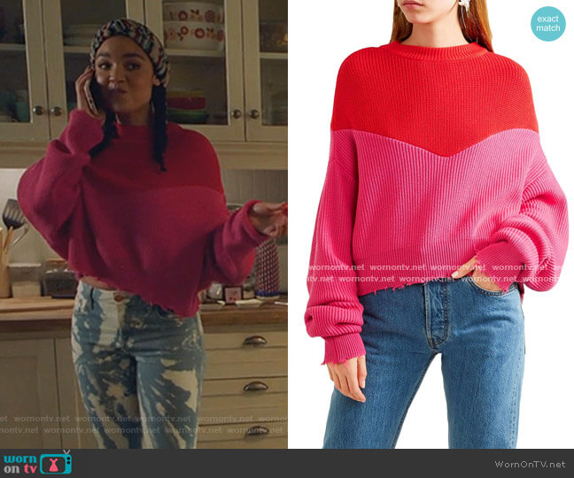 Ben Taverniti Unravel Project Distressed Ribbed Two-Tone Sweater worn by Kat Edison (Aisha Dee) on The Bold Type