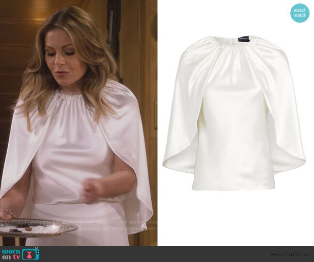 Brandon Maxwell Silk Satin Cape Blouse worn by DJ Tanner-Fuller (Candace Cameron Bure) on Fuller House