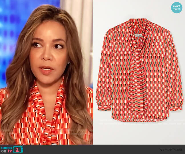 Cefinn Simone pussy-bow printed satin blouse worn by Sunny Hostin on The View
