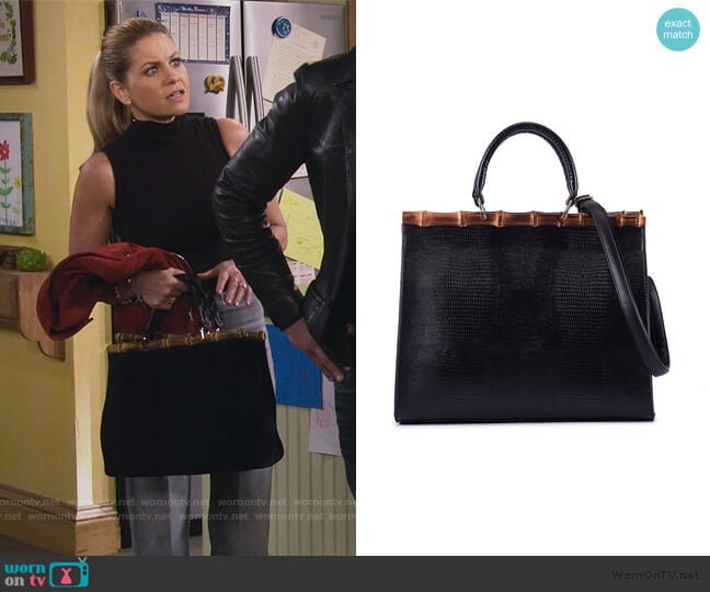 Celaine PU Leather Cross Body Bag with Bamboo Handle worn by Stephanie Tanner (Jodie Sweetin) on Fuller House
